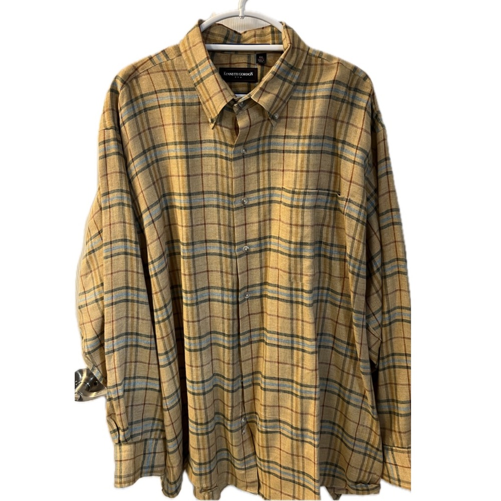 Kenneth Gordon tan/red/blue plaid linen button down, size XXL.